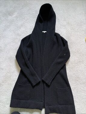 Vince Black Hooded Open-Front Knit Cardigan wool and cashmere  blend